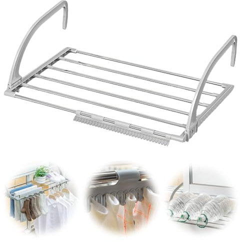Leikurvo Étendoir à linge extensible Zusammenkla (44-76 cm), porte-serviettes, radiateur, petit sèche-linge, mur, intérieur et extérieur, en acier inoxydable