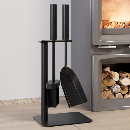 Kingson Set di 3 attrezzi per camino, include spazzola, pala e supporto, 16 x 16 x 35,5 cm, accessori per caminetto, set completo di accessori per caminetto, nero