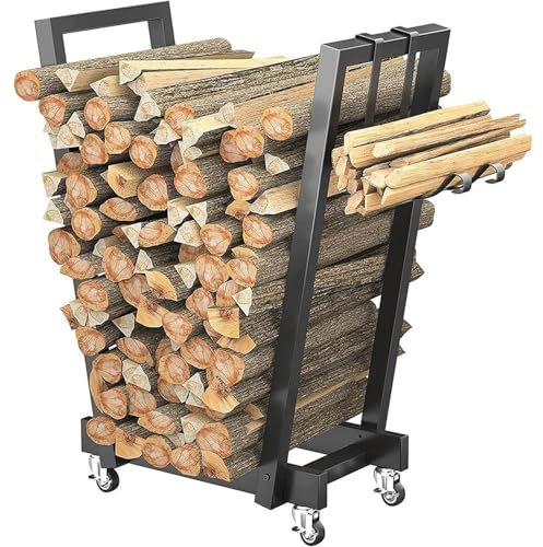 SUCRFXJ Brennholzständer, Holzständer for Kaminholz, rollender Kaminholzhalter mit Gummirädern, Stapelständer zur Holzaufbewahrung, einfach zu montieren, for Innen- und Außenkamin oder Außenterrasse