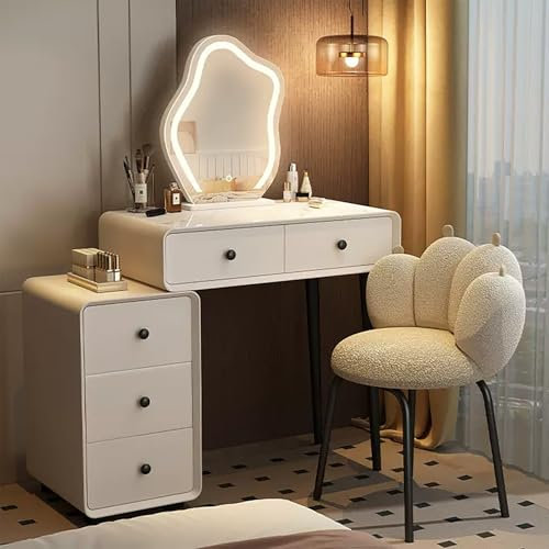 Schminktisch-Set mit Katzenklauenstuhl und verstellbarem Beistellschrank, Wolkenform, 3 Farben, dimmbarer Spiegel im Lieferumfang enthalten