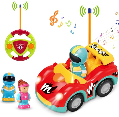 Pup Go Tecknad RC racerbil för barn 18 månader + med musik och ljus, 2 utbytbara dockor, första fjärrstyrda bilen för första barndomen, perfekt present till födelsedag eller jul, röd