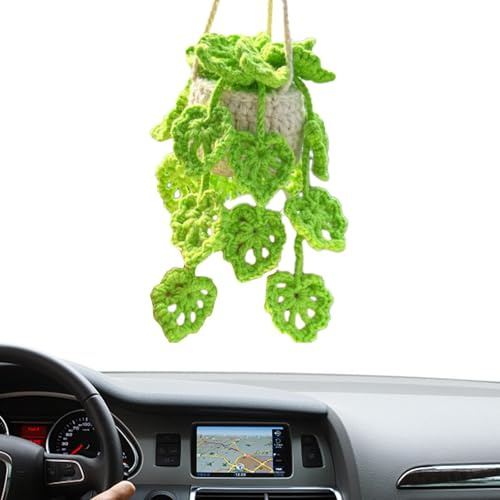 Pflanzen-Häkelkorb – Häkel-Pflanzen-Rückspiegel-Aufhänger, Korb-Topfpflanzen-Häkeldekoration | Mini-Topfpflanzen-Strickornament, Auto-Hängepflanzen-Zubehör, Geschenk für Familie, Freunde, Kinder