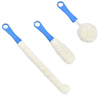 GARVALON 3pcs Flexible Wine Glass Cleaning Brush Set with Sponge for Cups and Mugs, Blue (42cm, 25.5cm, 25cm) – Household Kitchen Cup Cleaner for Stemware and Drinkware