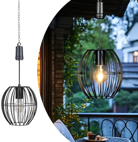 pearstar Hängelampe mit Batterie, Metall batteriebetriebene Lampen Mit LED-Glühbirne Timer, Hängeleuchte Esstisch Wohnzimmer, Garten Pendelleuchte für Balkon Terrassen Hof(Rubd) [Energieklasse A]