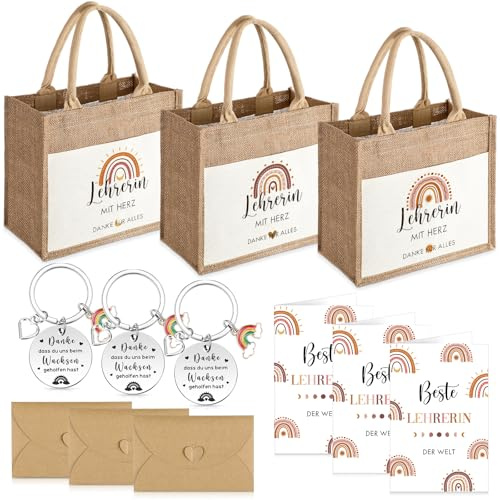 Tenare Abschiedsgeschenk Lehrerin 3er Set mit Jutetasche | Mit Schlüsselanhänger, Grußkarte und Umschlag; Danke Geschenk zum Abschied, Schuljahresende und Abschluss