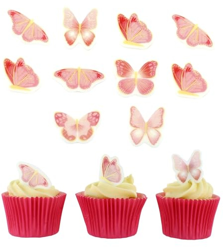 Culpitt Pink Butterflies Birthday Sugar Decorations | 32 Edible Cupcake Toppers | Printed Fondant Sugar Paste Cake-Decorations - 32 Pack