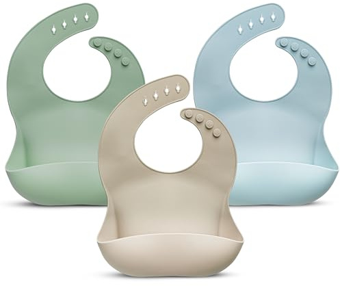 H&CO 3 Pack Silicone Baby Bibs, Pastel Green/Cream/Blue, 6 months onwards, Adjustable Fit Waterproof with Deep Pockets, Dishwasher Safe, Easy Wipe Baby Feeding Bibs, BPA & Phthalate Free