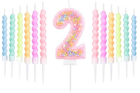 mciskin Macaron 2-års Födelsedagsljus Set, Födelsedagsdekorationer för Flickor, 12st Pastel Spiral & Nummer 2 Ljus för Tårta, Regnbågs Tårtdekoration för Macaron Temafestdekoration, Baby Shower