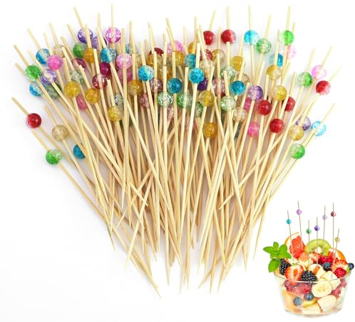 100 Piezas Brochetas Madera con Perlas Acrílicas Colores, 12 cm Palillos Madera con Cuadrados Cristal,Palillos Madera Cocktail,Pinchos Cocktail Palillos,para Caramelos