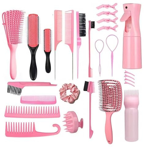 27PCS Hair Comb Detangling Brush Sets for Women Girls,Styling Comb Tool Set with Hair Spray Bottle and Clips for Curly Hair (Pink)