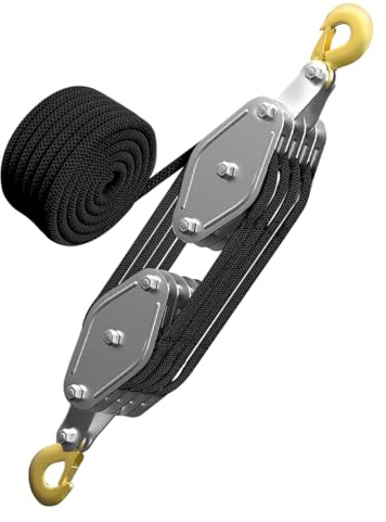Boolico Schwerlast Flaschenzug 4-Fach mit Seilbremse, 1000 kg max., 20 m Schwarz PP-Seil, Handseilzug 8:1 bis 2,5 m Hubhöhe