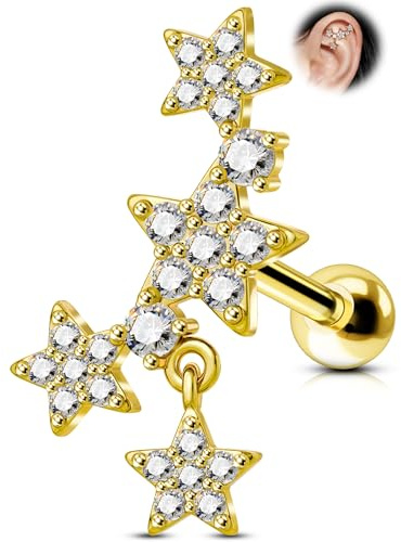 OUFER Helix Piercings Ohrring 316L Chirurgenstahl Conch Tragus Piercing Schmuck 16G Hänge Stern Klarer CZ Knorpel Ohr Gold Helix Schmuck für Frauen 8mm
