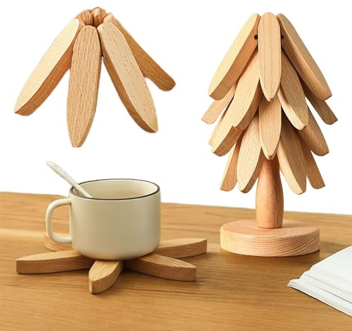 Wooden Tree Trivet Set, Tree Shape Trivets for Hot Dishes, Wood Coasters for Christmas Kitchen Decor, Foldable Kitchen Wooden Trivets for Hot Pots and Pans
