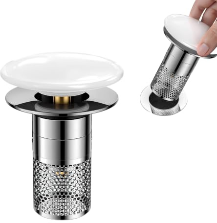 Alyxen Pop up Abflussstopfen Waschbecken mit Haarsieb, Universal Waschbeckenstöpsel, Edelstahl Waschbecken Stöpsel, Abflussstopfen mit Sieb, Keramik Pop up Ablaufventil für 33-40mm Abfluss Ablauf