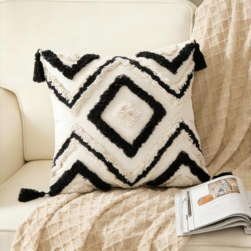 MEILIHEN 1 Dekorativer Boho-Kissenbezug aus Baumwolle, Marokkanischer Ethno-Stil Dekokissen mit Quasten & Tufting, Beige Gesteppter Kissenhülle für Sofa, Wohnzimmer & Schlafzimmer 45 x 45 cm（Schwarz）