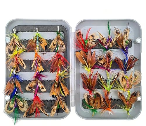 Juego de 24 moscas secas y húmedas para trucha, tímalo y cacho, réplicas de insectos como hormigas y moscas para pesca con mosca en arroyo y río, con doble caja