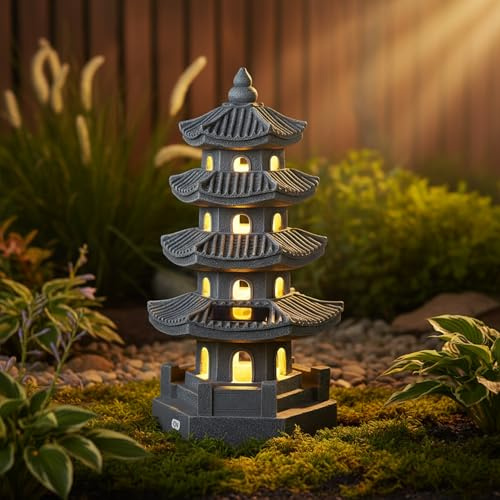 Statue de jardin pagode lanterne de pagode à énergie solaire en résine décoration jardin japonais zen extérieur pour balcon, patio, porche, cour 11, 4 x 4, 7 x , 7 pouces gris, statues, décoration j