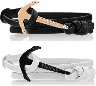 VIKINGS Anker Pärchen Armband 2er Set Leder Schwarz Weiss, Leder Black - White:Schwarz - Gold/Weiss - Schwarz