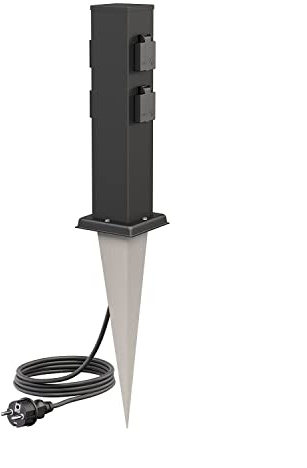 ledscom.de Portalámpara de jardín Polly con piqueta de Tierra y Cable de 2m para Exteriores, IP44, 4 vías, Acero Inoxidable, Angular, Negro, 40cm
