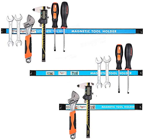 Bakaji Juego de 3 barras magnéticas para herramientas, barras magnéticas magnéticas de pared, portaherramientas de trabajo y cuchillos, tamaño 20/30/45 cm, kit de montaje incluido (20-30-45 cm)
