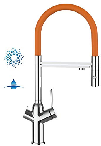 Rubinetto cucina 4 VIE per sistemi Frigogasatori e filtro acqua depuratore canna movibile e doccia staccabile 2 getti (Cromato/Arancione)
