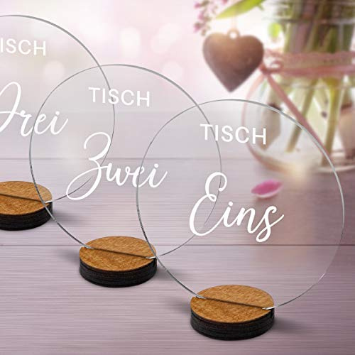 Tischnummern Hochzeit Set für 1-20 Tische, Acryl Transparent mit präsizer Milchig-Weißer Lasergravur inkl. Holz Standfuß, Hochzeitsdekoration für Empfang - Schwungvoll Elegant, 100mm Durchmesser