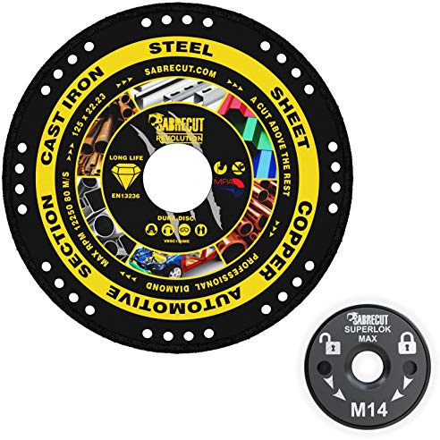 SabreCut 2pcs VB125MEGRA 125mm x 22.23mm Bore Diamond Disc & M14 Flange | Vacuum-brazed diamond disc cuts metal; quick-change M14 flange provides secure tool-free disc changes