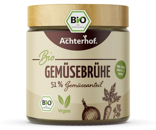Gemüsebrühe Bio | salzarm mit nur 1 Gramm Salz | 51% Gemüseanteil | ökologische Bio-Qualität | ohne Geschmacksverstärker, Hefe-Extrakt und Glutamat | keinerlei künstliche Zusatzstoffe | vom Achterhof