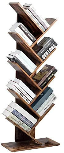 BAKAJI Bücherregal für Bücherregal, mit 10 geneigten Ablagen aus MDF-Holz, Antik-Effekt, modernes Industrie-Design für Wohnzimmer, Wohnzimmer, Büro, Maße: 141 x 25 x 50 cm