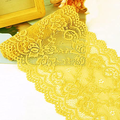 Duories 15cm x 3m Elastizität Spitzenband Spitzenbordüre Spitzenborte Zierband Dekoband Spitzen Borten Bänder zum Nähen,DIY Basteln,Deko für Kleidung Unterwäsche Dessous Hochzeitskleid Tischdeko,Gelb