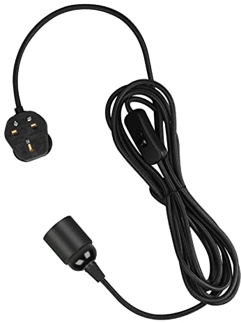 Teynewer Pendant Light Ceiling Lighting Fitting, E27 Lamp Holder with Switch Suspended Pendant Light Fitting Kit, 2 Core Textile Cable UK Plug (Black, 2m)