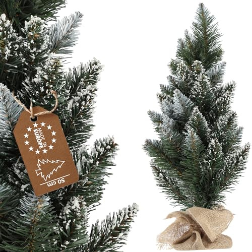 KADAX - Piccolo albero di Natale artificiale 60 cm, albero decorativo, pino innevato in PVC, albero di Natale, incluso supporto e sacchetto di juta (Anna 60 cm)