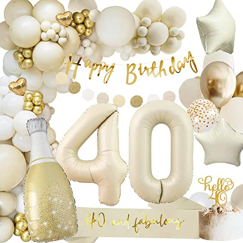 40 Geburtstag Deko Frauen Männer, Geburtstagsdeko 40, Beige Gold Ballon Deko mit Happy Birthday Girlande, Luftballons für 40. Geburtstag Dekorationen