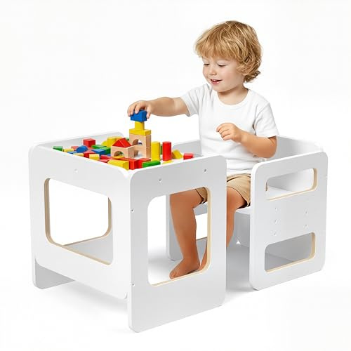Tilhumt Toddler Table and Chair Set, Montessori Weaning Table and Chair Set for 1-3 Age Kids, 3 Adjustable Height Chair & Activity Table with Fence, Step Stool for Eating, Play, Drawing, Learning