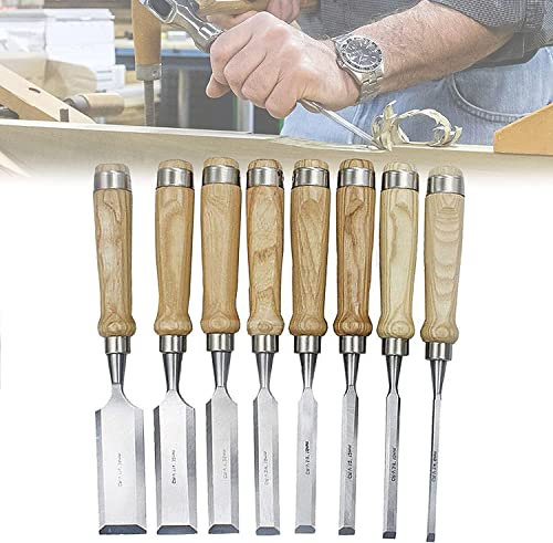 OITTo Juego de cinceles de madera de 8 piezas de cromo vanadio y mango de madera para carpintería, artesano, juego de herramientas profesionales para tallar madera (tamaño: 8 juegos)