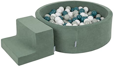 KiddyMoon Spielplatz Velvet Aus Schaumstoff Mit Rund Bällebad (200 Bälle) + Stüfchen Ballgruben Für Babys Spielbad, Hergestellt In EU, Dunkeltürkis/Grüngrau/Weiß
