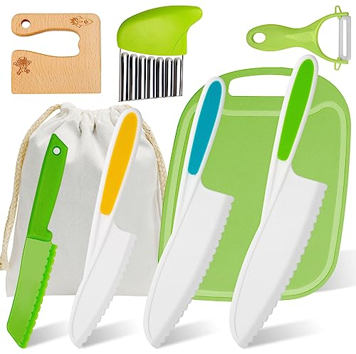 9 Pcs Kindermesser Set, Kindermesser Sicher zum Schneiden und Kochen von Obst oder Gemüse für Kinder Und Eltern, Kunstoff Küchenmesser Kinder mit Schäler Schneidebrett Aufbewahrungsbeutel Geschenke