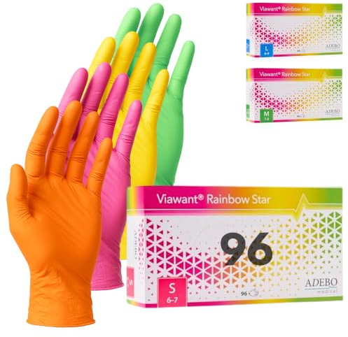 Viawant® Rainbow Star Einweghandschuhe Bunt 96 Stück | Größe S | Nitrilhandschuhe Puderfrei & Latexfrei | Reißfeste Einmalhandschuhe in Grün, Pink, Gelb & Orange – je 24 Stück