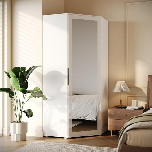 ELEGANT Corner Large Mirrored Wardrobe with 2 Hanging Rails and 5 Storage Shelves, Modern White High Gloss & Matt Bedroom Closet Storage, Space Saving Design