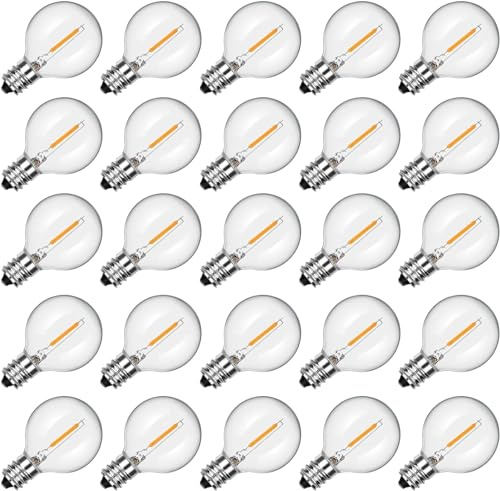 SUNSGNE 25 Pack G40 LED Light Bulbs, E12 Candelabra Base Bulb, 0.6W LED Bulbs Equivalent 7W Edison Bulbs, Shatterproof Globe Replacement Bulb for Outdoor String Lights, 2700K Warm White Dimmable