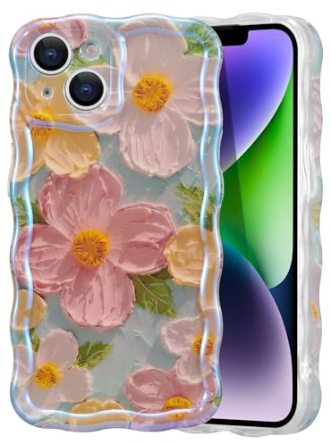 EYZUTAK Handyhülle für iPhone 14,Vintage Ölgemälde Blume Handyhülle mit Glitzer Laserblume Hülle Lockiges Wellen Rahmenform Soft TPU Case Ultradünne Silikon Stoßfeste Schutzhülle Bumper Cover-Grün