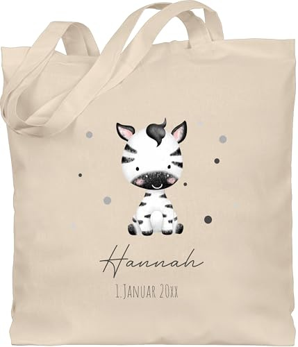 Baumwolltasche - Zebra mit Name und Datum - Geburtstag Geburt Tiermotiv Geschenk - Unisize - Naturweiß - bag geschenke beutel