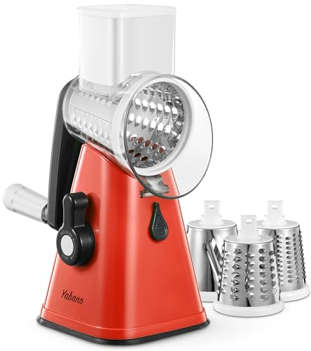 Yabano Rotary Cheese Grater, Vegetable Slicer with 3 Replaceable Stainless Steel Drum Blades, Cheese Shredder with Handle, Easy to Clean Grater for Fruit, Vegetables, Nuts, Red