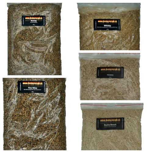 Räuchermehl/Räucherspäne SET Whisky-Mix mit zwei Klassikern Buche und Hickory sowie 3 Exoten aus Barriquefässern Brandy und, Fino plus Whisky-Räuchermehl zusammen 5X 200g zusammen1 Kg BBQ