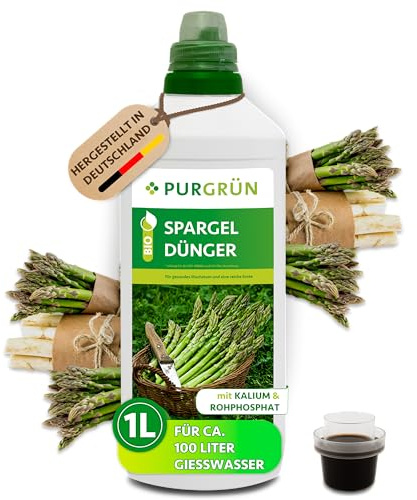 Purgrün® Bio-Spargeldünger 1 Liter – Hoher Ertrag dank extra Phosphor – Bio & Vegan – Premium-Flüssigdünger – Ohne tierische Inhaltsstoffe – Ergiebiges Konzentrat für 100 Liter Wasser
