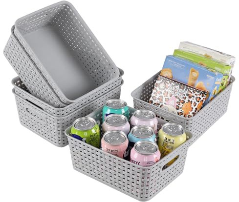 Udotry 6 Packs Plastic Weave Storage Basket, Small Plastic Rattan Baskets for Cupboard, Gray