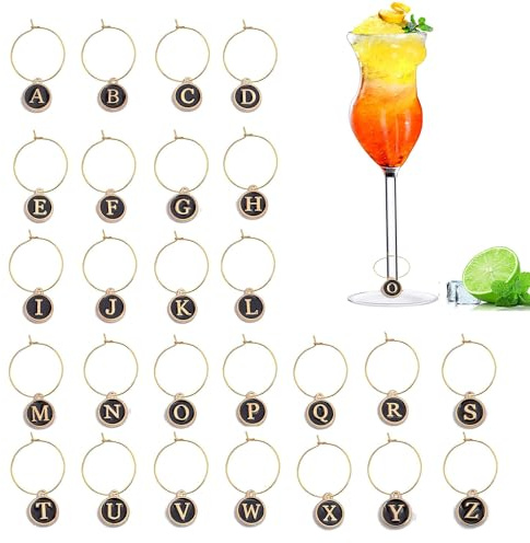 MOSNLEILA Wine Glass Charms, Stem Glass Markers & Identifiers - Funny Drink Name Tags for Christmas and Party Decorations - Black Letters Themed Set of 26