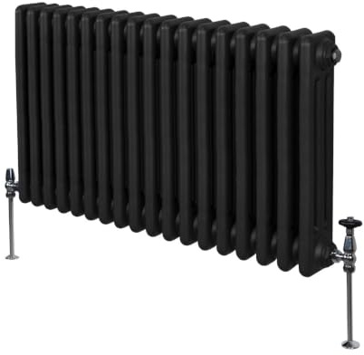 Radiador Tradicional Horizontal de 3 Columnas 600mm x 832mm | Negro Mate | Acero | Montado en pared | Kit de fijación y soportes + Cepillo de limpieza GRATIS | Calefacción estufa calefactor