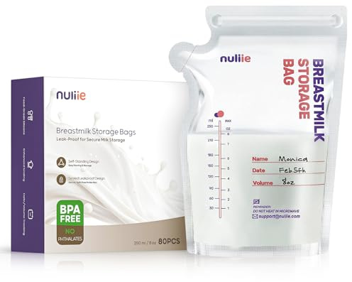 Nuliie 80 Stück Muttermilchbeutel, 250ml BPA-frei Muttermilch Aufbewahrung bag, Milchbeutel für Muttermilch mit Ausgießer für das Stillen, Selbststehender, Kann Eingefroren Werden, Platzsparendes | Muttermilch Aufbewahrungsbeutel, für das Stillen, Selbststehende, Kann Eingefroren Werden, Platzsparende