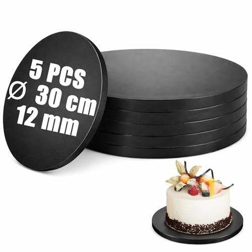 SHUESS 5 Stück Cake Board 30 cm Rund, stabile Tortenplatte Pappe Schwarz 12 mm Tortenunterlage Rund 30 cm, Wiederverwendbares Cakeboard für Mehrstöckige Kuchen, Cake Drum Stabil & Lebensmittelgeeignet